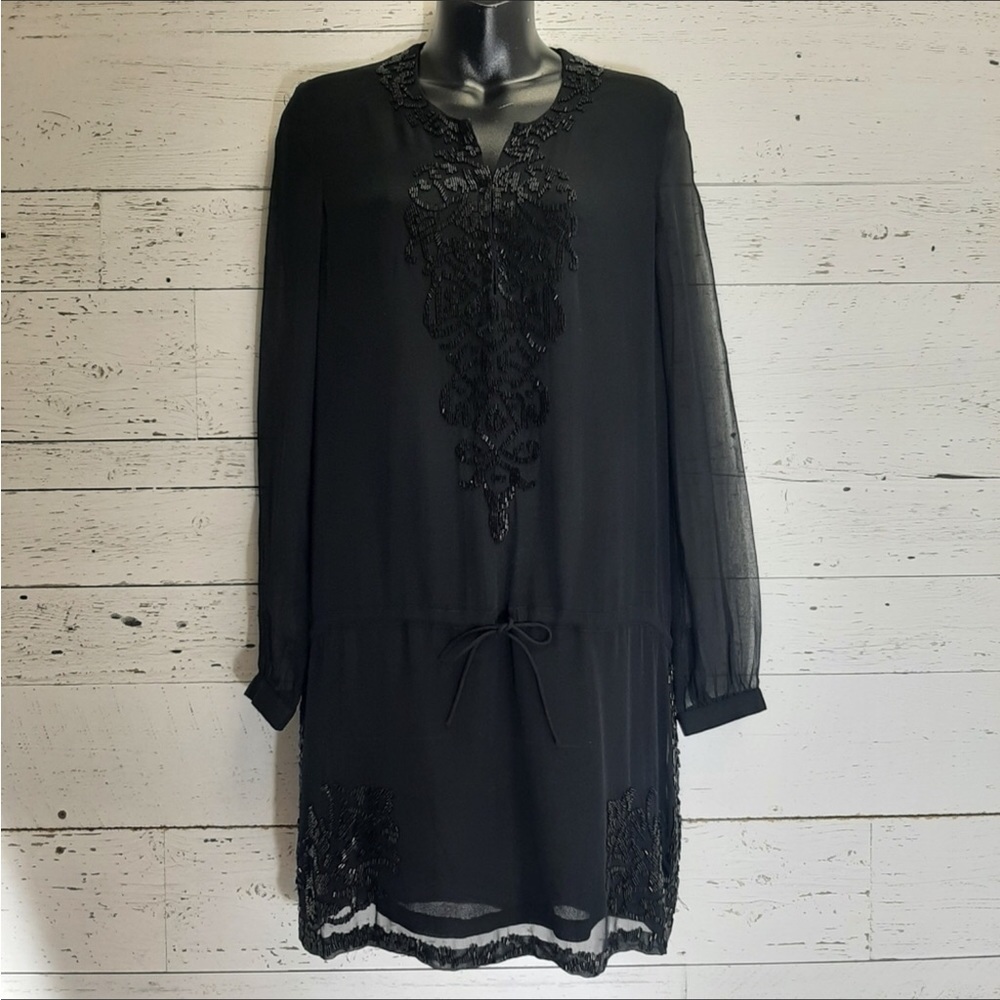 Antik Batik Cleo Mini Tunic Dress 100% Silk Beaded Size Small Black​​​​​​​​​​​